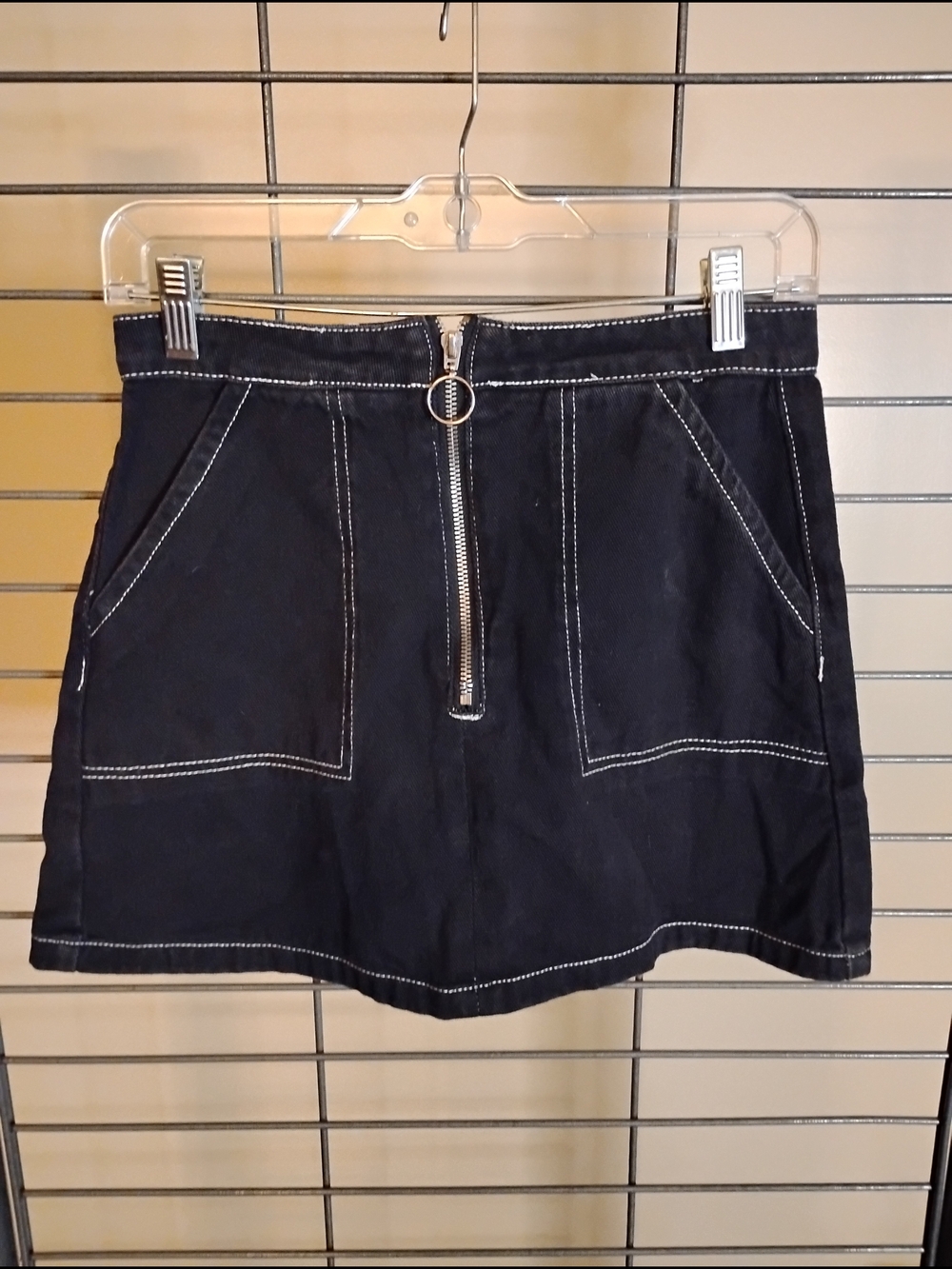 Black Mini Skirt with Front Zip and Contrast Stitching